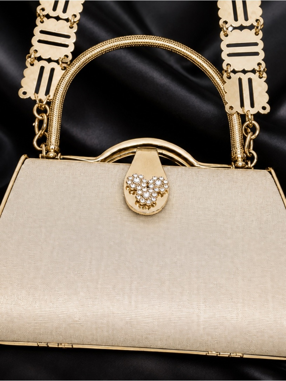Gold Metallic Evening Bag Crystal Clasp Unique Chain Handle NWT No Tags